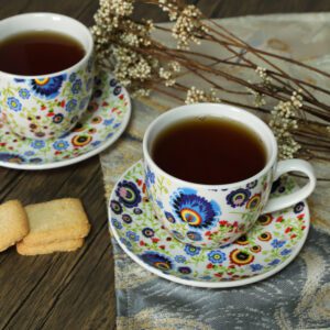 Eleganckie filiżanki porcelanowe 250 ml z kolorowym wzorem Folk kwiaty – 2 sztuki - obrazek 3