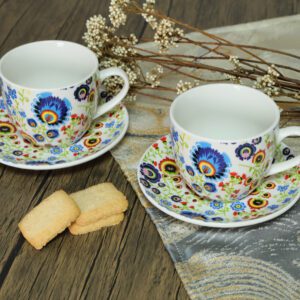 Eleganckie filiżanki porcelanowe 250 ml z kolorowym wzorem Folk kwiaty – 2 sztuki - obrazek 4