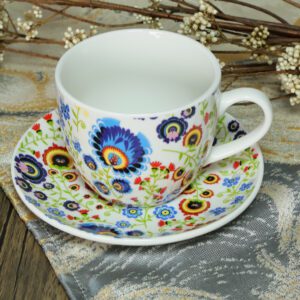 Eleganckie filiżanki porcelanowe 250 ml z kolorowym wzorem Folk kwiaty – 2 sztuki - obrazek 2