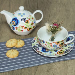 Zestaw do herbaty Tea for One – czajniczek i filiżanka z ludowym motywem kwiatowym - obrazek 2
