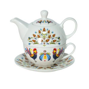 Porcelanowy czajniczek z filiżanką i spodkiem Folk 400/250 ml – zestaw 3w1 - obrazek 1