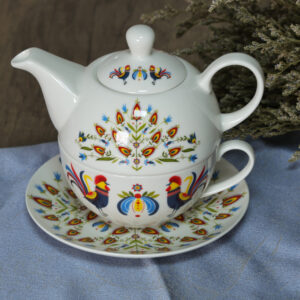 Porcelanowy czajniczek z filiżanką i spodkiem Folk 400/250 ml – zestaw 3w1 - obrazek 3
