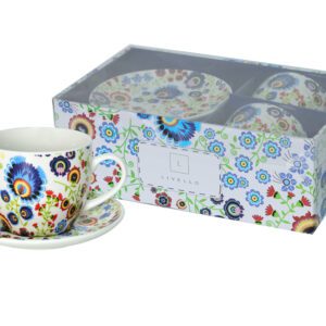 Eleganckie filiżanki porcelanowe 250 ml z kolorowym wzorem Folk kwiaty – 2 sztuki - obrazek 1