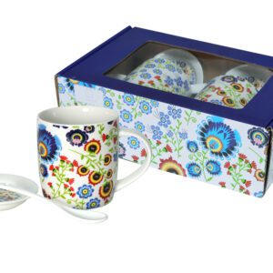 Zestaw 2 kubków porcelanowych Livello z podstawkami i łyżeczkami – wzór folkowy, 340 ml - obrazek 1